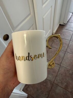 'handsome' White Ceramic Mug with Gold Script and Gold Handle